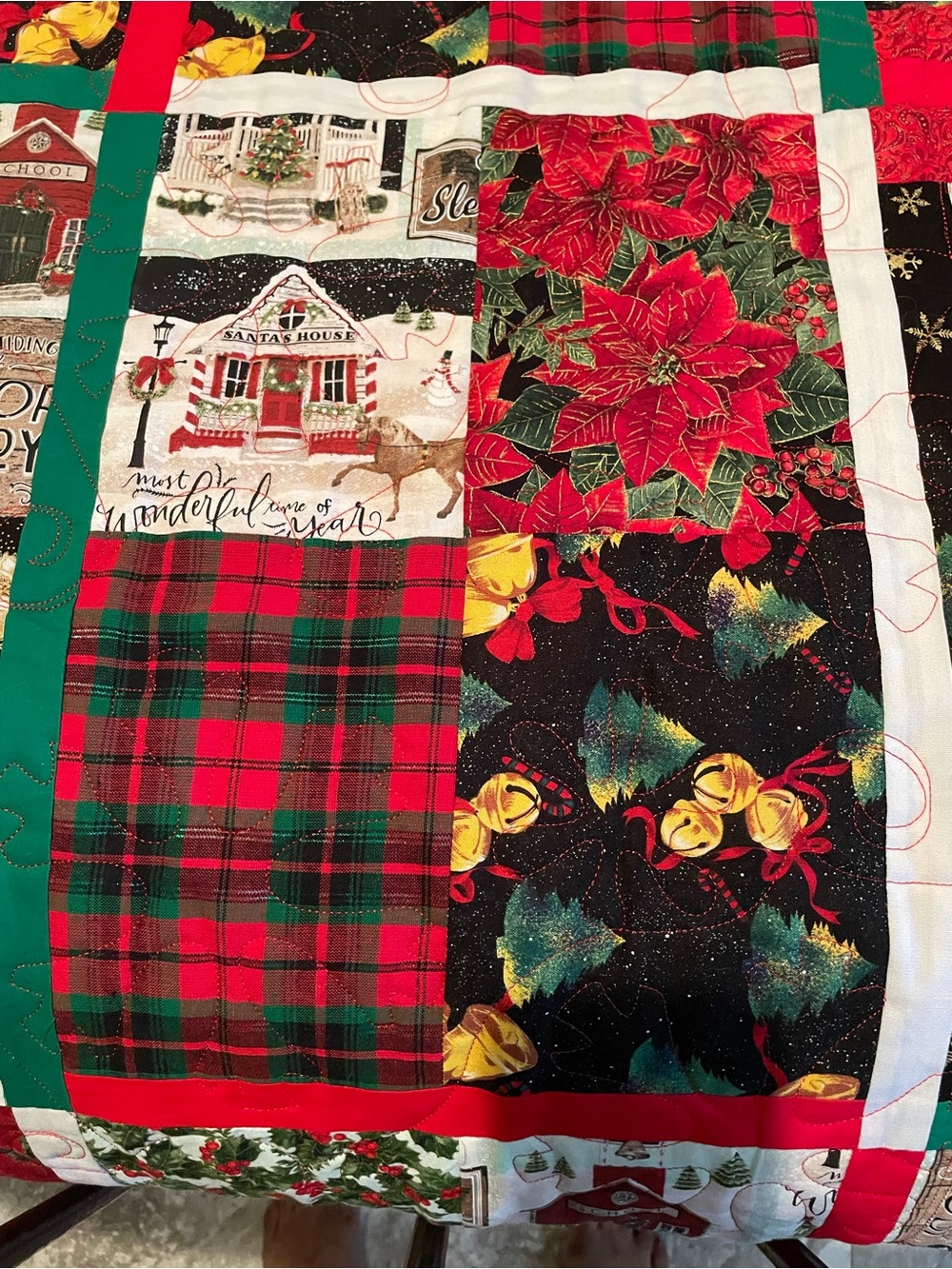 Holiday Patchwork Quilted Throw - Red & Green Plaid Poinsettia Design